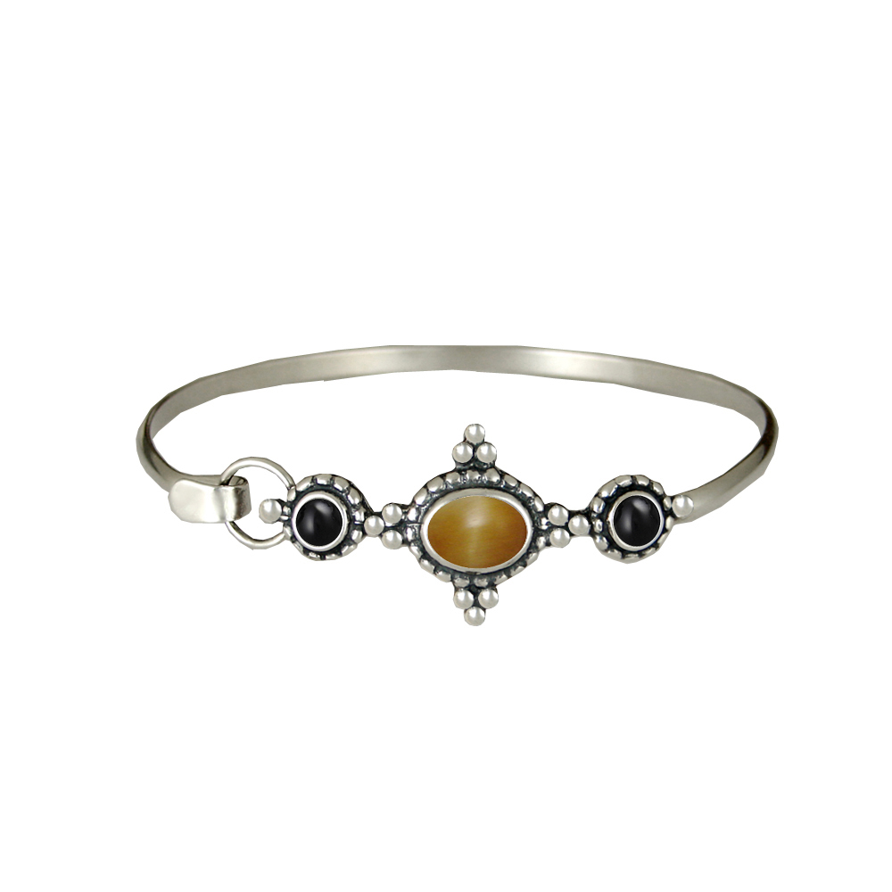 Sterling Silver Gemstone Strap Latch Spring Hook Bangle Bracelet Honey Tiger Eye And Black Onyx